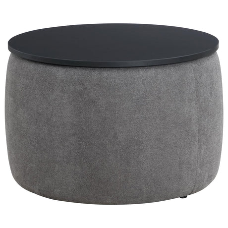 Tesoro Gray and Black Upholstered Round Lift Top Storage Ottoman from Coaster - Luna Furniture