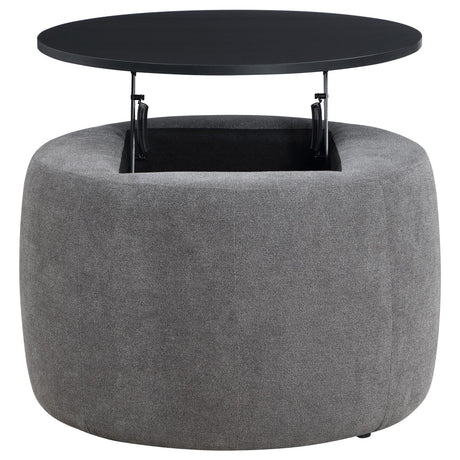 Tesoro Gray and Black Upholstered Round Lift Top Storage Ottoman from Coaster - Luna Furniture