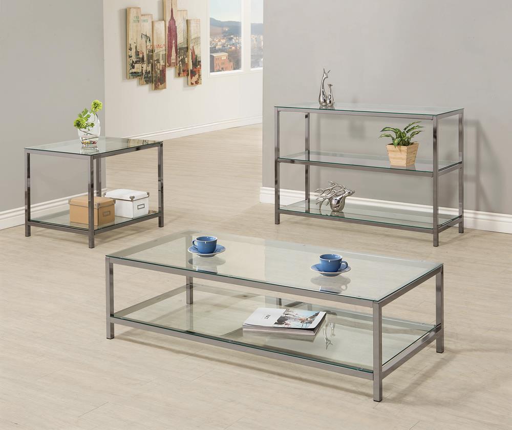 Trini Sofa Table with Glass Shelf Black Nickel - 720229 - Luna Furniture